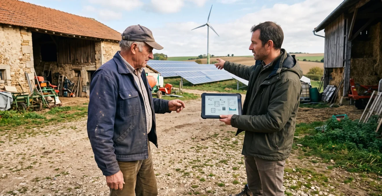 Agriculteur et conseiller en agri-énergies consultant une installation sur une exploitation française