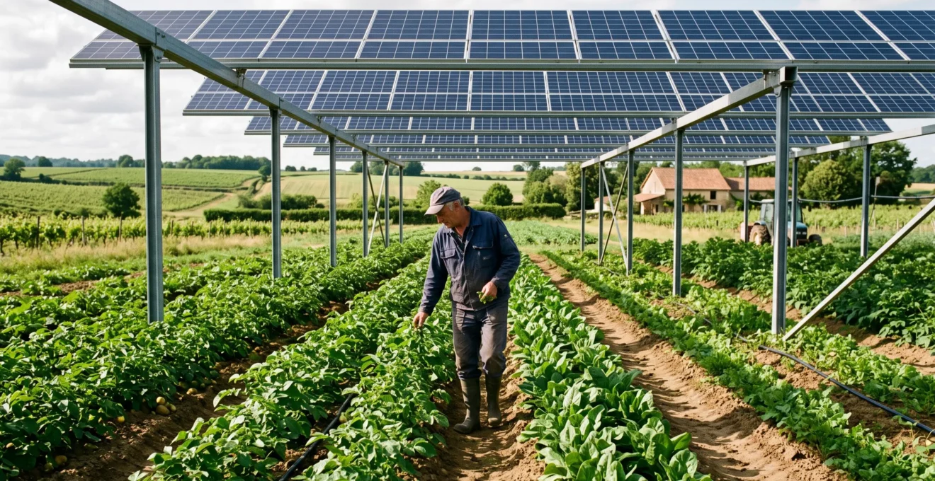 Agriculteur travaillant dans des cultures sous une installation agrivoltaïque avec panneaux solaires surélevés dans une exploitation française