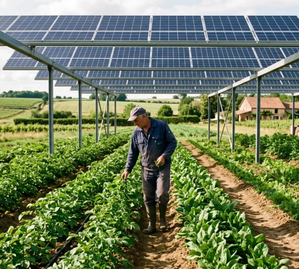 Agriculteur travaillant dans des cultures sous une installation agrivoltaïque avec panneaux solaires surélevés dans une exploitation française