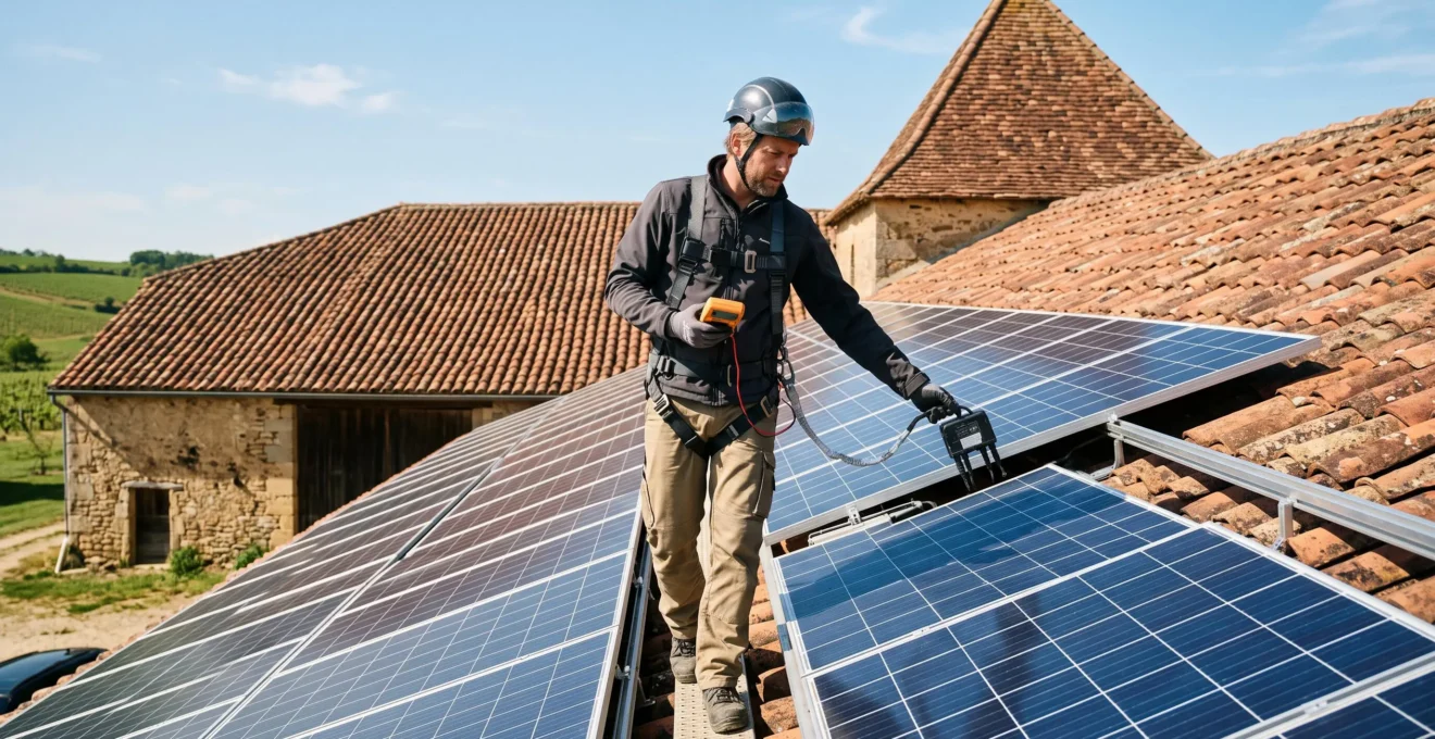 Technicien inspectant des panneaux photovoltaïques installés sur le toit d'un bâtiment agricole français