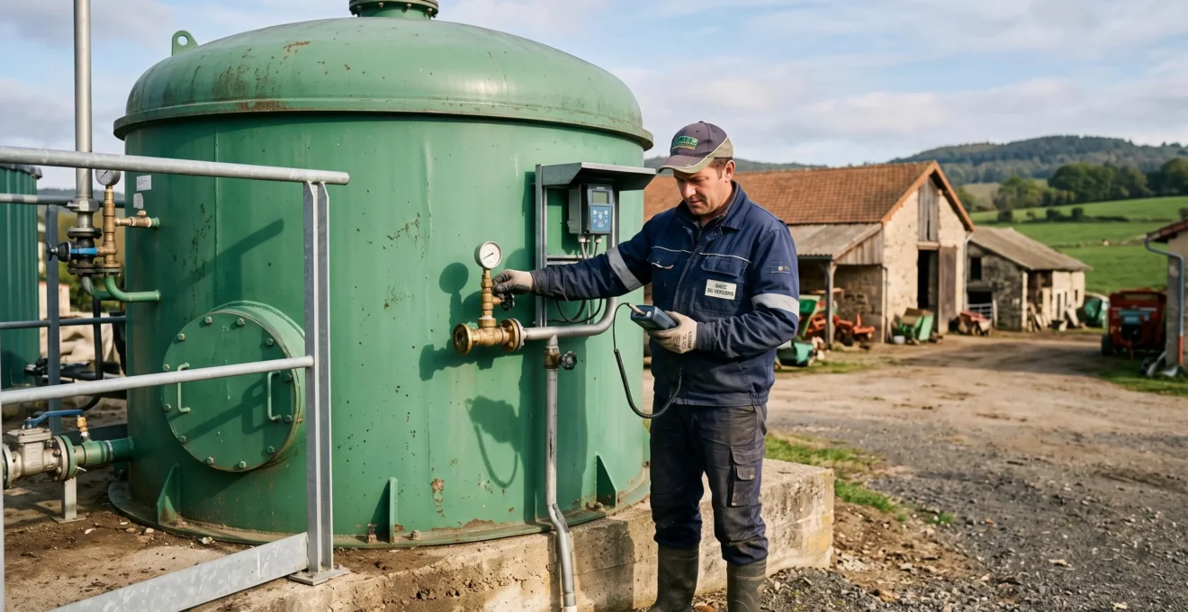 Technicien inspectant une installation de méthanisation agricole avec digesteur sur une exploitation française